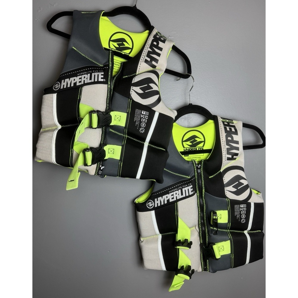 2-Hyperlite Wake Co Life Jacket - Youth Size 50-90 lbs - Type III PFD Neon Green